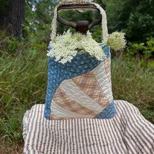 Antique farmhouse quilt hanger bag/ peg rail bag/ farmhouse decor/ dried flower holder