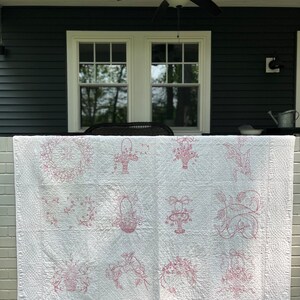 Antique signed and dated 1925 quilt/ red work embroidery/ measures 72" x 74"