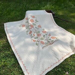 Vintage hand embroidered cross stitch floral cotton quilt fall colors