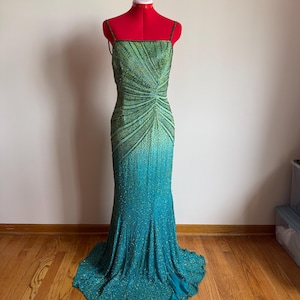 Vintage 90s Silk Hand Beaded Prom Dress Gown