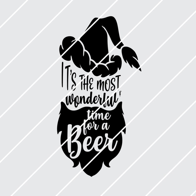 May include: Black and white silhouette of a Father Christmas with a beard and hat. The text "It's the most wonderful time for a Beer" is written on the beard.