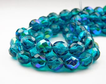 25 Pcs - 8mm Czech Glass Fire Polished Beads - Aqua AB - Preciosa Faceted Round - Jewelry Supplies - Craft Supplies