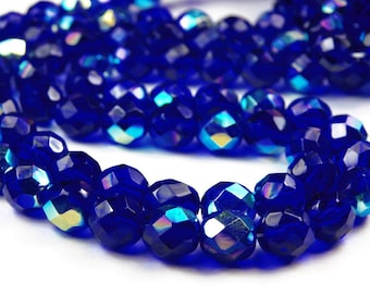25 Pcs - 8mm Faceted Czech Glass Beads - Fire Polished Preciosa Cobalt Blue Plated AB Czech Beads - 8mm - Glass Beads - Jewelry Supplies