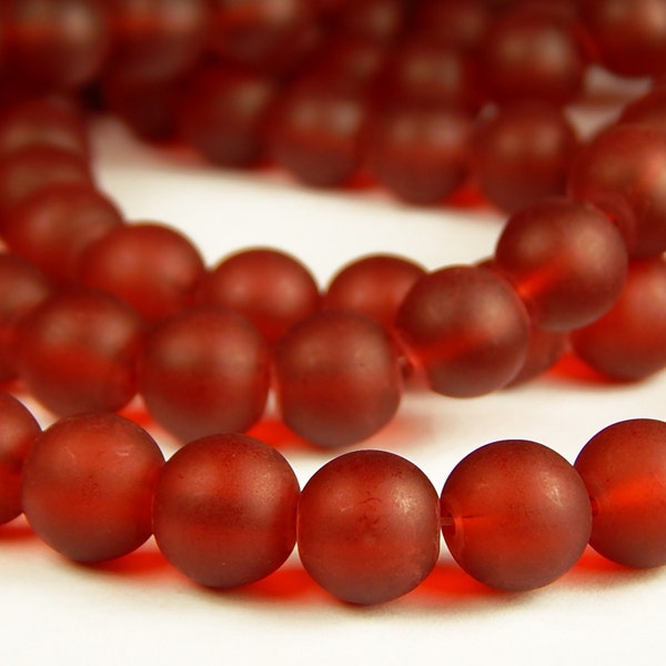 15 Inch Strand - 8mm Round Transparent Dark Red Frosted Glass Beads - Sea Glass - Glass Beads - Jewelry Supplies