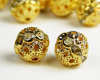 5 Pcs or 10 Pcs - 10mm Gold Czech Crystal Rhinestone Pave Diamante Round Spacer Beads - Pave Beads - Czech Beads - Jewelry Supplies