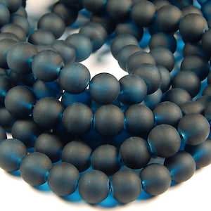 15 Inch Strand - 10mm Round Transparent Marine Blue Frosted Glass Beads - Sea Glass Beads - Glass Beads - Dark Blue Beads - Jewelry Supplies