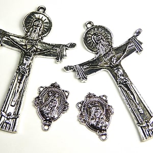 1 Set - Tibetan Silver Virgin Mary Connector and Trinity Cross - Rosary Connectors - Religious Charms - Jewelry and Craft Supplies