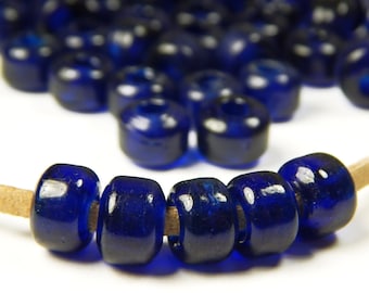 50 Pcs - 9x6mm Cobalt Blue Glass India Crow Beads - Crow Rollers - Glass Pony Beads - Large Hole - Jewelry Supplies - Transparent