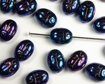 10x Czech Scarab Beads - Blue Iris Aurora Borealis Finish - 10x14mm - Czech Beads - Jewelry Supplies