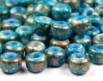 50 Pcs - 9x6mm Aqua Blue And Gold Marble Glass India Crow Beads - Crow Rollers - Glass Pony Beads - Large Hole - Jewelry Supplies