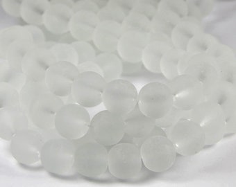 15 Inch Strand - 10mm Round Transparent White Frosted Glass Beads - Sea Glass Beads -  Frosted Beads - White Glass Beads - Jewelry Supplies