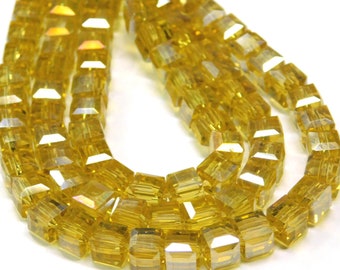 25 Pcs - 6mm Faceted Champagne Yellow AB Square Glass Cube Beads - Gold Electroplated Clear Glass Beads - Jewelry Supplies - Craft Supplies
