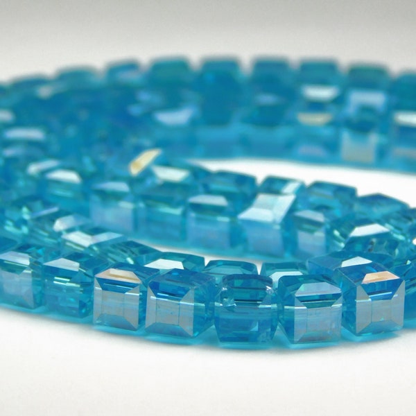 25 Pcs - 6mm Faceted Turquoise Blue AB Square Glass Cube Beads - Turquoise Blue Cube Beads - Jewelry Supplies - Craft Supplies