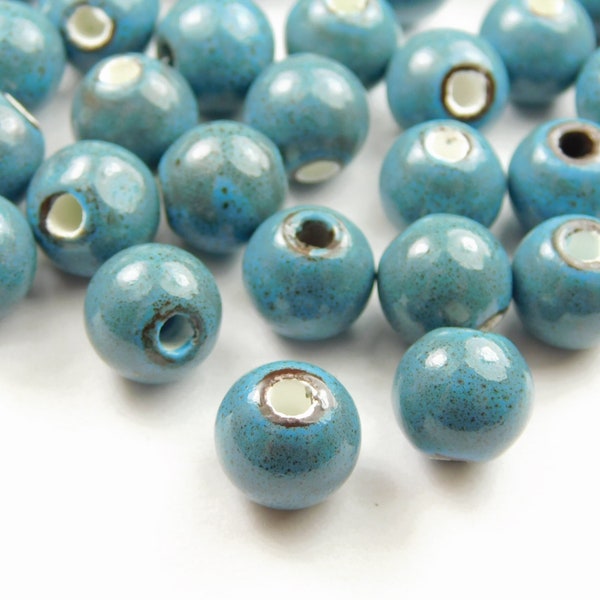 15 Pcs - 10.5x9.5mm  Glazed Antiqued Blue Porcelain Beads - Round - Porcelain Beads - Focal Beads - Jewelry Supplies - Craft Supplies
