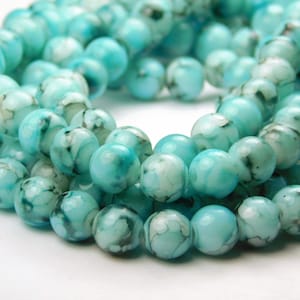 15 Inch Strand - 8mm Aqua Blue Marble Round Glass Beads - Glass Beads - Jewelry Supplies - Craft Supplies