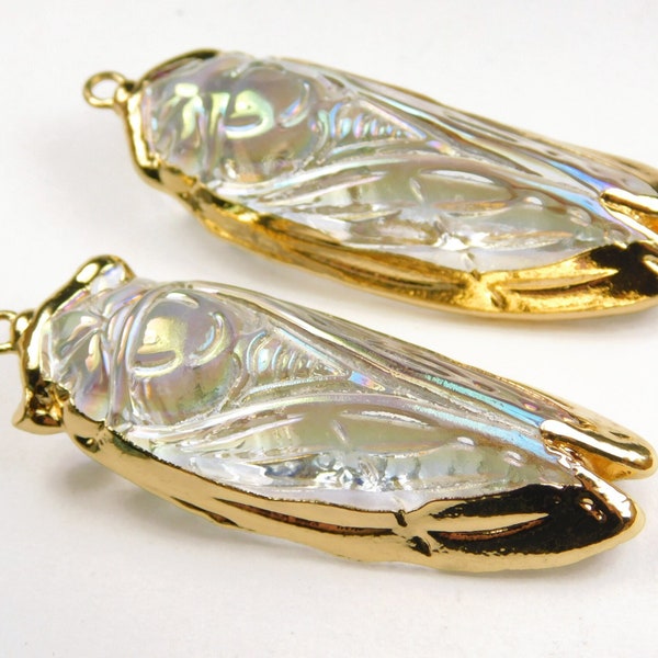 1 Pc - 55x19x13mm Clear AB Glass Cicada Pendant With Gold Plating - Glass Pendant - Jewelry Supplies - Craft Supplies