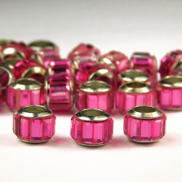 5 Pcs - 10mm x 7mm Glass European Beads - Large Hole Beads - With Alloy Cores - Column - Silver Color Plated - Dark Pink - Jewelry Supplies