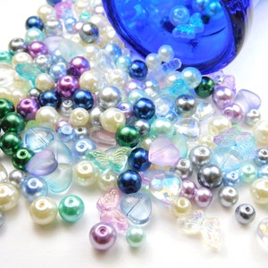 50 Grams - All Mixed Up Glass Beads - Purple Blue Green Beige Mix - Assorted Shapes - Sizes - Glass Beads - Glass Mix - Jewelry Supplies