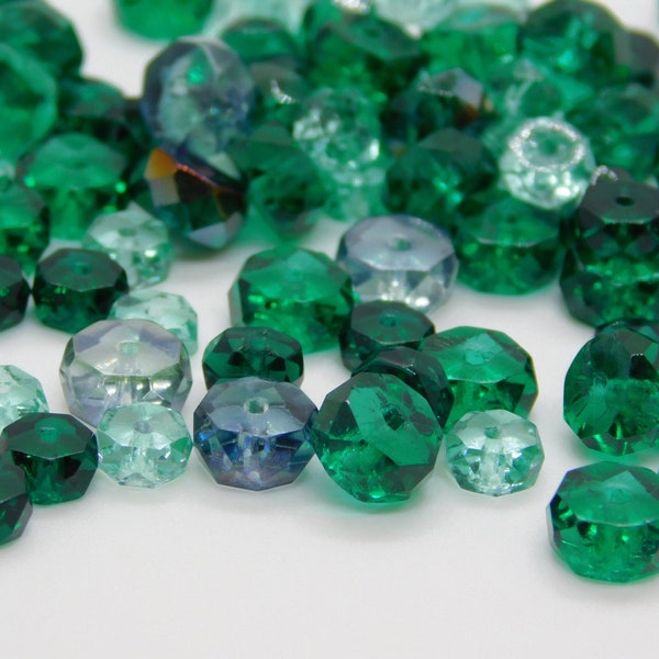 25 Pcs - 6mm To 8mm  Faceted Czech Glass Disc Beads - Emerald Green Azuro Mix - Rondelle - Czech Beads - Jewelry Supplies