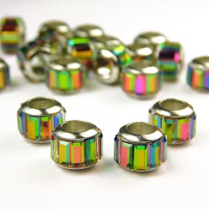 5 or 10 Pcs - 9mm x 7mm Glass European Beads - Large Hole Beads - Brass Cores - Column - Silver Color Plated - Colorful - Jewelry Supplies
