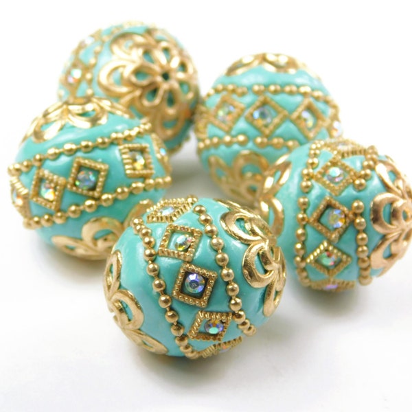 1 Pc Handmade Kashmiri Beads - 19.5x19mm Round Beads - Indonesia Beads - Focal Bead - Turquoise Blue - Gold - Spacer Beads - Jewelry Supply