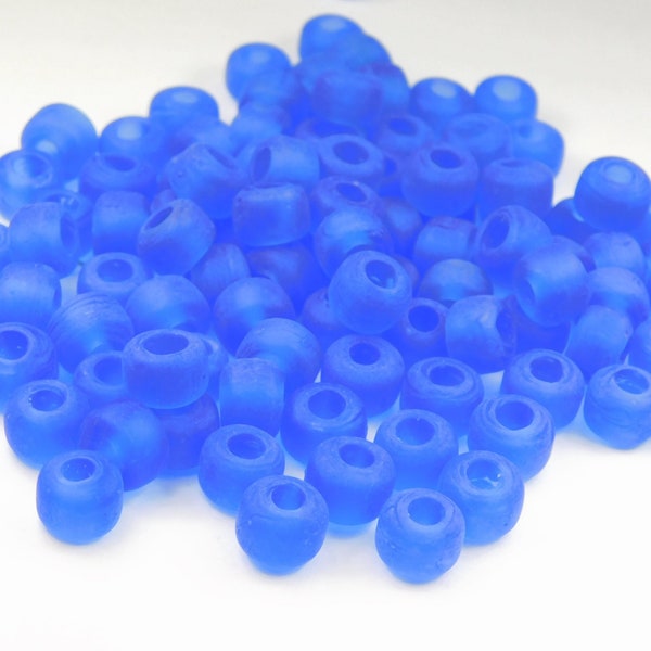 50 Pcs - 9x6mm Transparent Matte Sapphire Blue Glass India Crow Beads - Crow Rollers - Glass Pony Beads - Large Hole - Jewelry Supplies