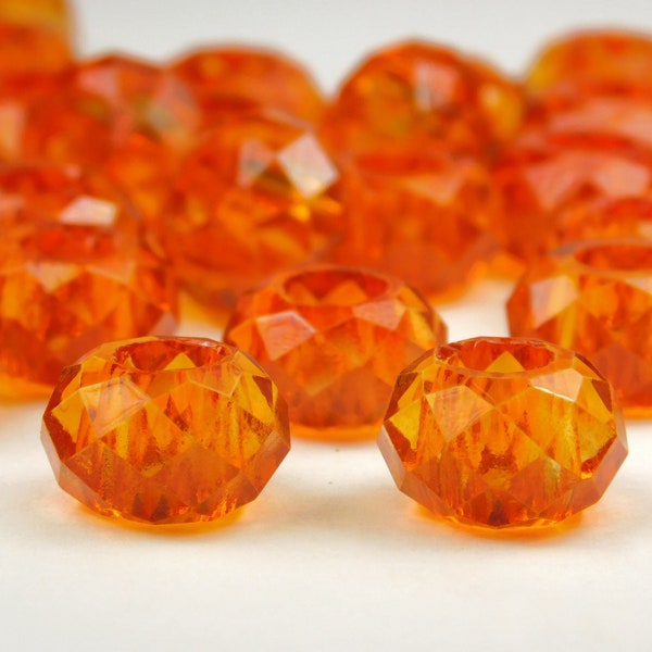 5 Pcs - 14mm x 8mm Faceted Orange Fire Glass European Beads - Large Hole Beads - No Core - Rondelle - Colorful - Jewelry Supplies