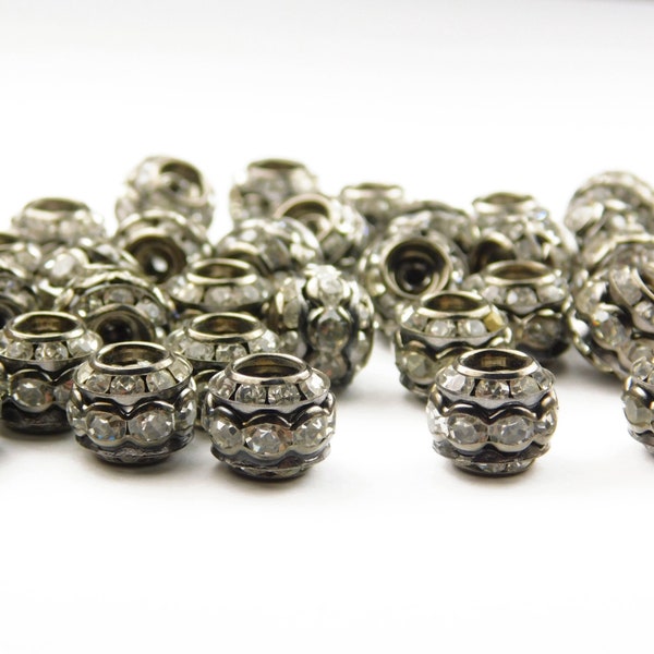 5 Pcs - 10x9mm Brass and Crystal Rhinestone Pave Diamante Round Spacer Beads - Gunmetal Pave Beads - Brass - Focal Bead - Jewelry Supply