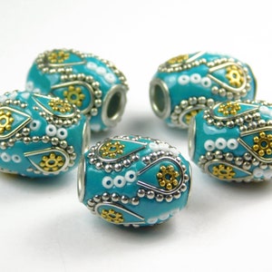 1 Pc Handmade Kashmiri Beads - 16x20mm Oval Beads - Indonesia Bead - Focal Bead - Turquoise - Silver - Gold - Spacer Beads - Jewelry Supply