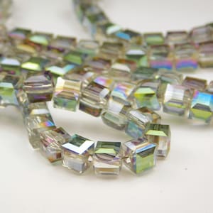 25 Pcs - 6mm Faceted Rainbow Plated Clear AB Square Glass Cube Beads - Electroplated Glass Cube Beads - Jewelry Supplies - Craft Supplies
