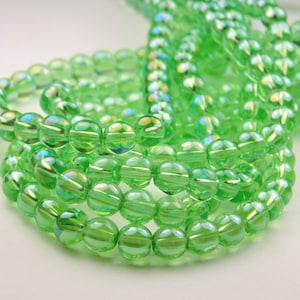 13 Inch Strand - 6mm Round Transparent Lime Green AB Glass Beads - Green Glass - Spacer Bead - Jewelry Supplies - Craft Supplies
