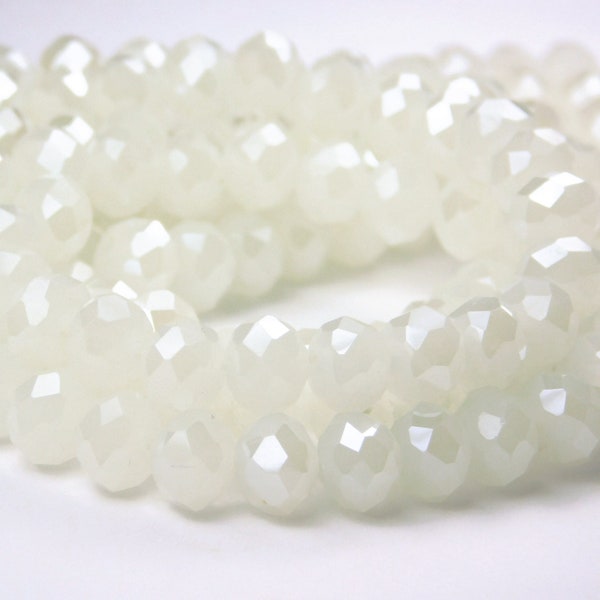 16 Inch Strand - 8x6mm Electroplated Faceted Glass Rondelle Beads - Pearl Luster Plated Opal White - Glass Beads - Jewelry Supplies