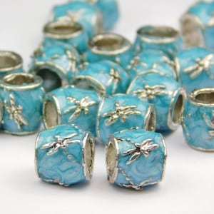 4 Pieces - Silver With Blue Enamel Large Hole Dragonfly Bead - Enamel Charm - Euro Charm - Column - Large Hole - Charm Bracelet