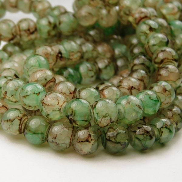 15 Inch Strand - 8mm Transparent Multi-color Sea Green And Brown Marble Round Glass Beads - Glass Beads - Jewelry Supplies - Craft Supplies