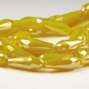 14 Inch Strand - 15x6mm Faceted Opaque Goldenrod Yellow Rainbow Plated Glass Teardrop Beads - Yellow AB - Glass Teardrop - Jewelry Supplies