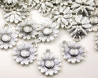 10 Pcs - 18.5x15.5x2.5mm Antique Silver Sunflower Charms - Pendants - Silver Charms - Jewelry Supplies - Craft Supplies