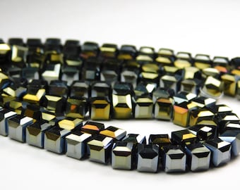 25 Pcs - 6mm Faceted Black AB Square Glass Cube Beads - Electroplated Black AB Glass Cube Beads - Jewelry Supplies - Craft Supplies