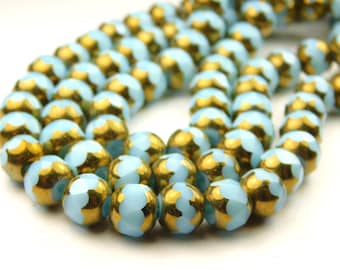 11.5 Inch Strand - 8mm Round Half Gold Plated Opaque Light Cyan Glass Beads - Electroplated Beads - Jewelry Supplies - Craft Supplies