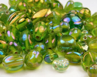 12 Inch Strand - All Mixed Up India Glass Beads - AB Plated Peridot Green Mix - Assorted Shapes - Sizes - Glass Beads - Jewelry Supplies