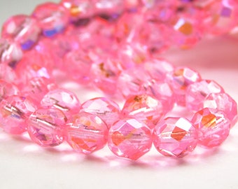 25 Pcs - 8mm Czech Glass Fire Polished Beads - Pink AB - Faceted Round - Jewelry Supplies - Craft Supplies