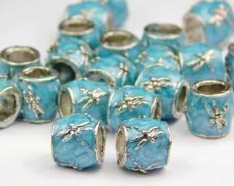 4 Pieces - Silver With Blue Enamel Large Hole Dragonfly Bead - Enamel Charm - Euro Charm - Column - Large Hole - Charm Bracelet