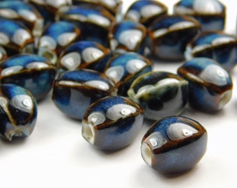 10 Pcs - 13x10mm Glazed Prussian Blue Porcelain Beads - Oval - Porcelain Beads - Focal Beads - Jewelry Supplies - Craft Supplies