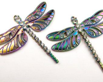 1 Pc - 64x70x5mm Vintage Style Tibetan Silver Dragonfly Pendant - Multi-Color Enamel And Rhinestones - Dragonfly Pendant - Jewelry Supplies