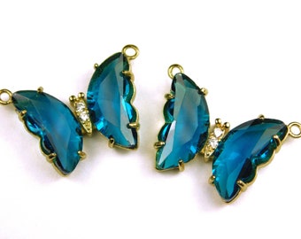 2 Pcs - 16x24x6mm Teal Blue Glass Butterfly Connectors - Cyan Blue - Links - Butterfly - Glass Cubic Zirconia Connectors - Jewelry Supplies