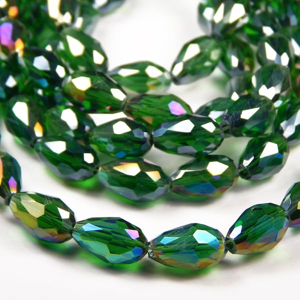 13.5 In Strand - Faceted Sea Green AB Electroplated Glass Teardrop Beads - Green AB Glass Drop Beads - 15mm x 10mm - Jewelry Supplies