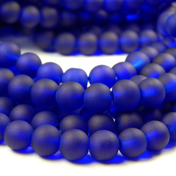 15 Inch Strand - 8mm Round Transparent Cobalt Blue Frosted Glass Beads - Sea Glass Beads - Glass Beads - Dark Blue Beads - Jewelry Supplies
