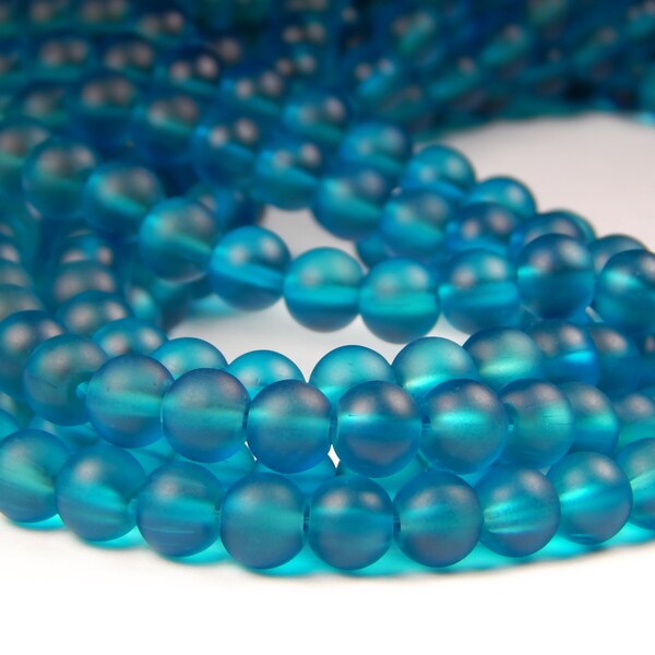 15 Inch Strand - 8mm Round Transparent Dark Turquoise Frosted Glass Beads - Sea Glass Beads - Aquamarine - Glass Beads - Jewelry Supplies