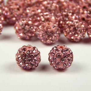 5 Pcs - 10mm Light Rose Pink Shamballa Beads - Pave Beads - Pink Disco Ball Beads - Jewelry Supplies - Rhinestone Beads - Shamballa Beads