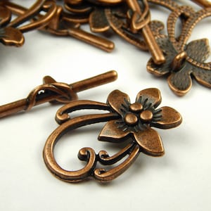 10 Sets - Antique Copper Flower Toggle Clasps - Connectors - Findings - Clasps - Copper - Closures - Toggles - Jewelry Supplies