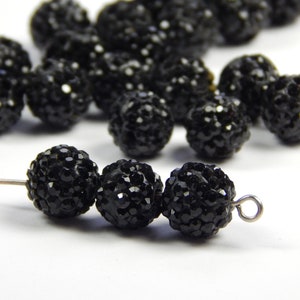 5 Pcs - 10mm Jet Black Shamballa Beads - Pave Beads - Disco Ball Beads - Jewelry Supplies - Black Rhinestone Beads - Shamballa Beads